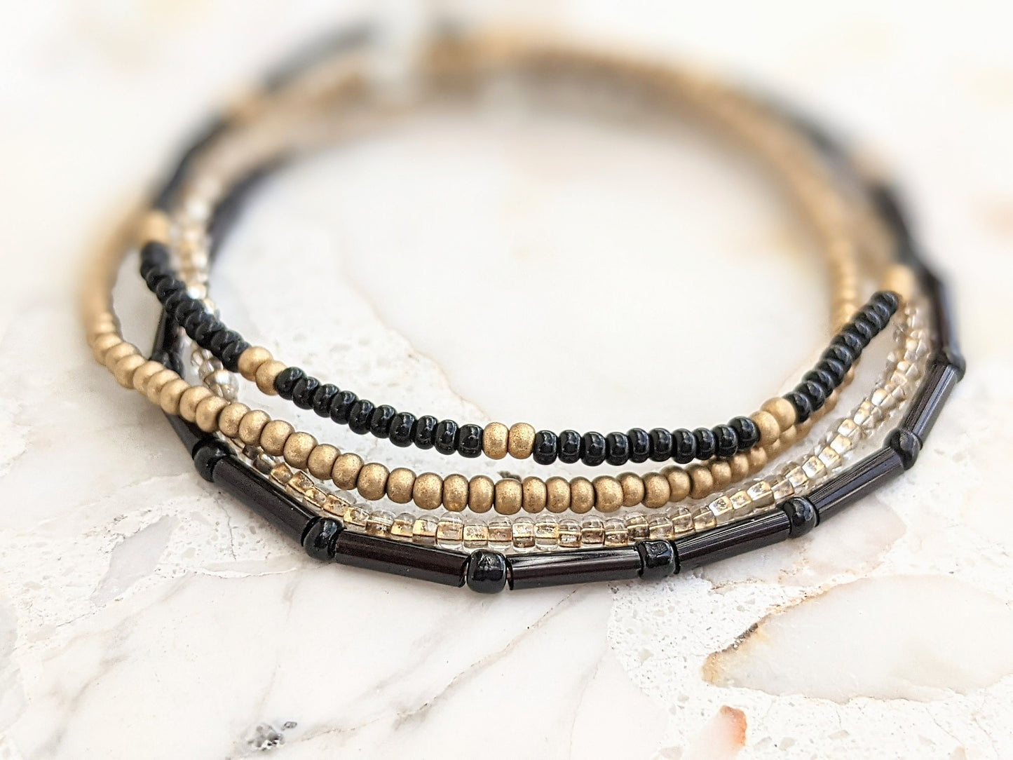 Bracelet Set, Seed Bead Bracelet, Black Bracelet, Gold Bracelet, Bracelet Stack, Minimalist Beaded Bracelet, Stretch Bracelet, Dainty