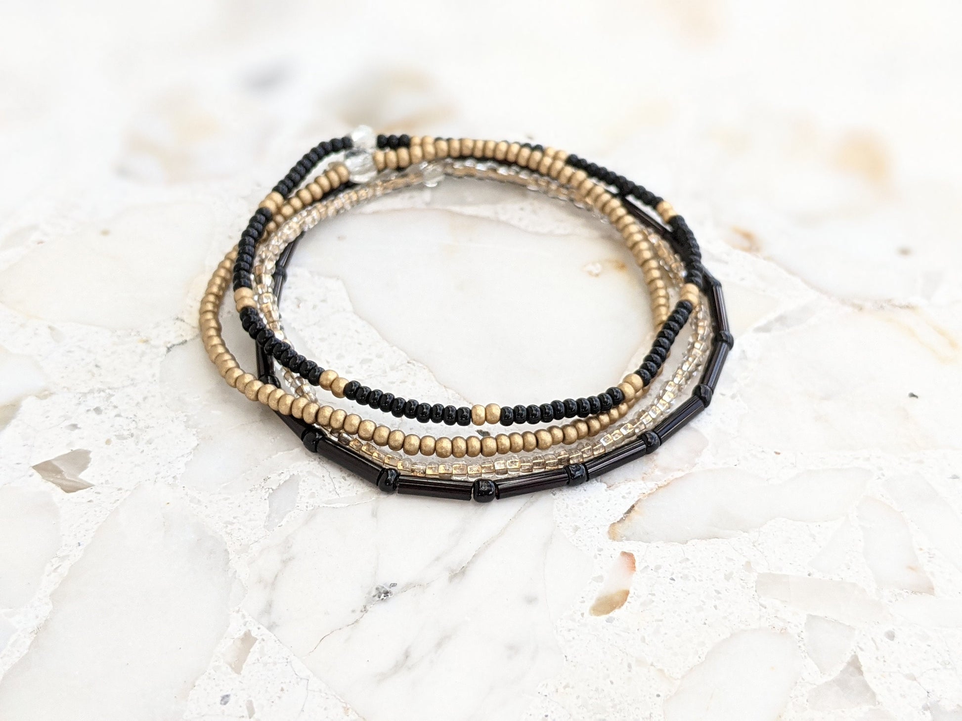 Bracelet Set, Seed Bead Bracelet, Black Bracelet, Gold Bracelet, Bracelet Stack, Minimalist Beaded Bracelet, Stretch Bracelet, Dainty