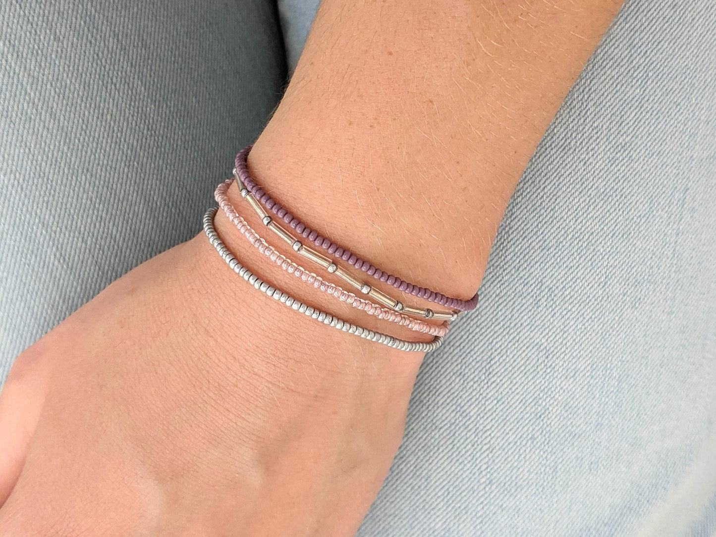 Purple Bracelet Set, Seed Bead Bracelet, Minimalist Beaded Bracelet, Stretch Bracelet, Bracelet Stack, Dainty Bracelet,