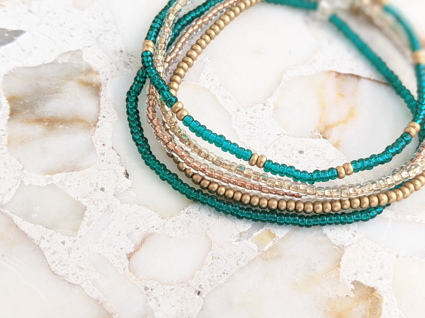 Emerald Green and Gold Beaded Bracelet Set Stretchy Tiny Bead Bracelet Minimalist Jewelry for Bridesmaids Gift Elegant Bracelet Stack Dainty