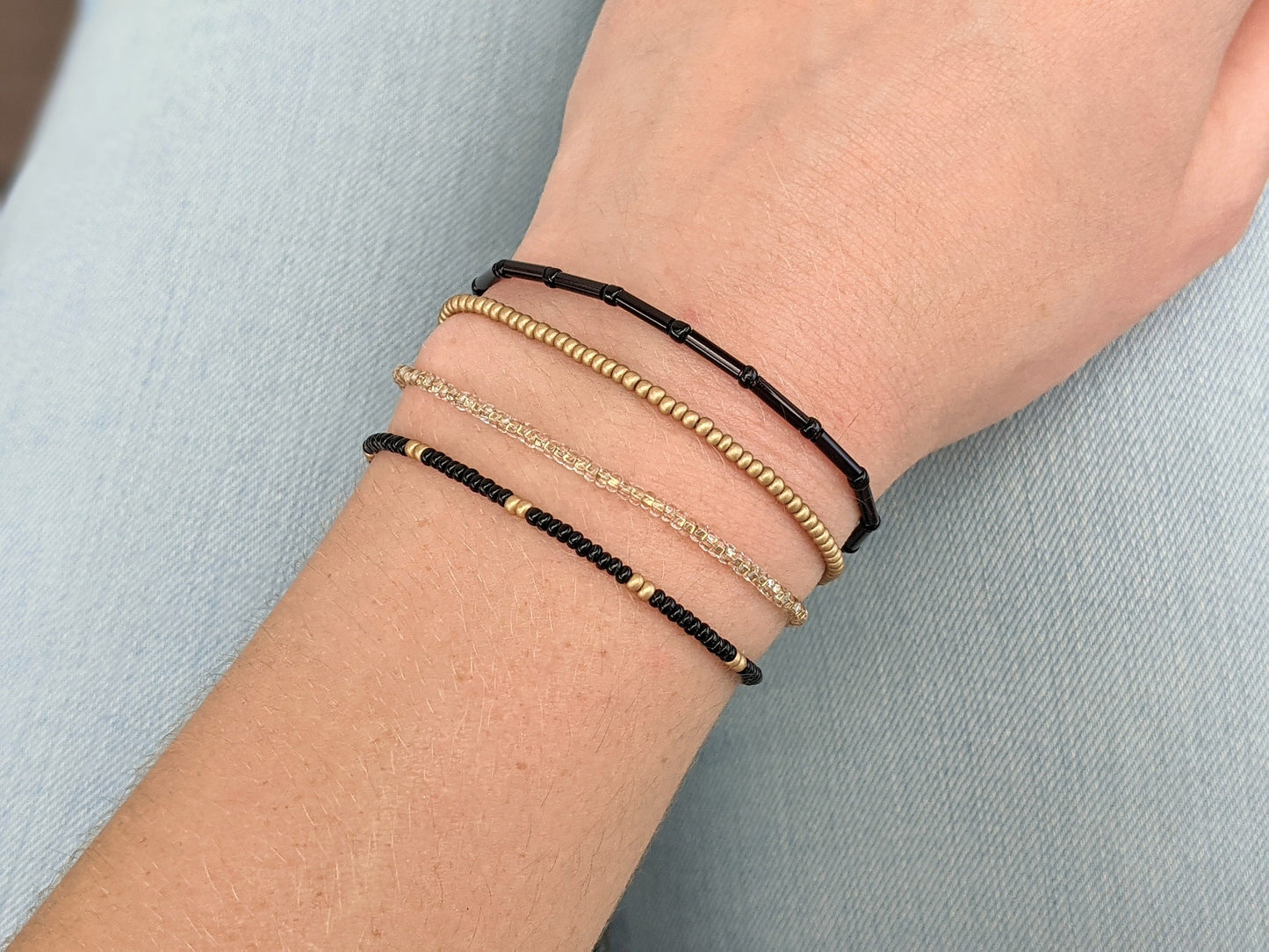 Bracelet Set, Seed Bead Bracelet, Black Bracelet, Gold Bracelet, Bracelet Stack, Minimalist Beaded Bracelet, Stretch Bracelet, Dainty