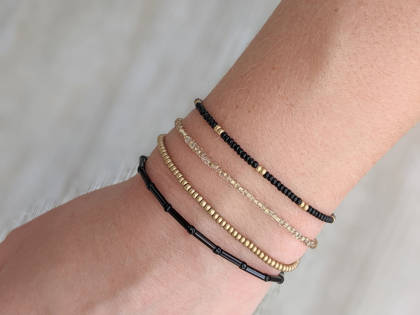 Bracelet Set, Seed Bead Bracelet, Black Bracelet, Gold Bracelet, Bracelet Stack, Minimalist Beaded Bracelet, Stretch Bracelet, Dainty