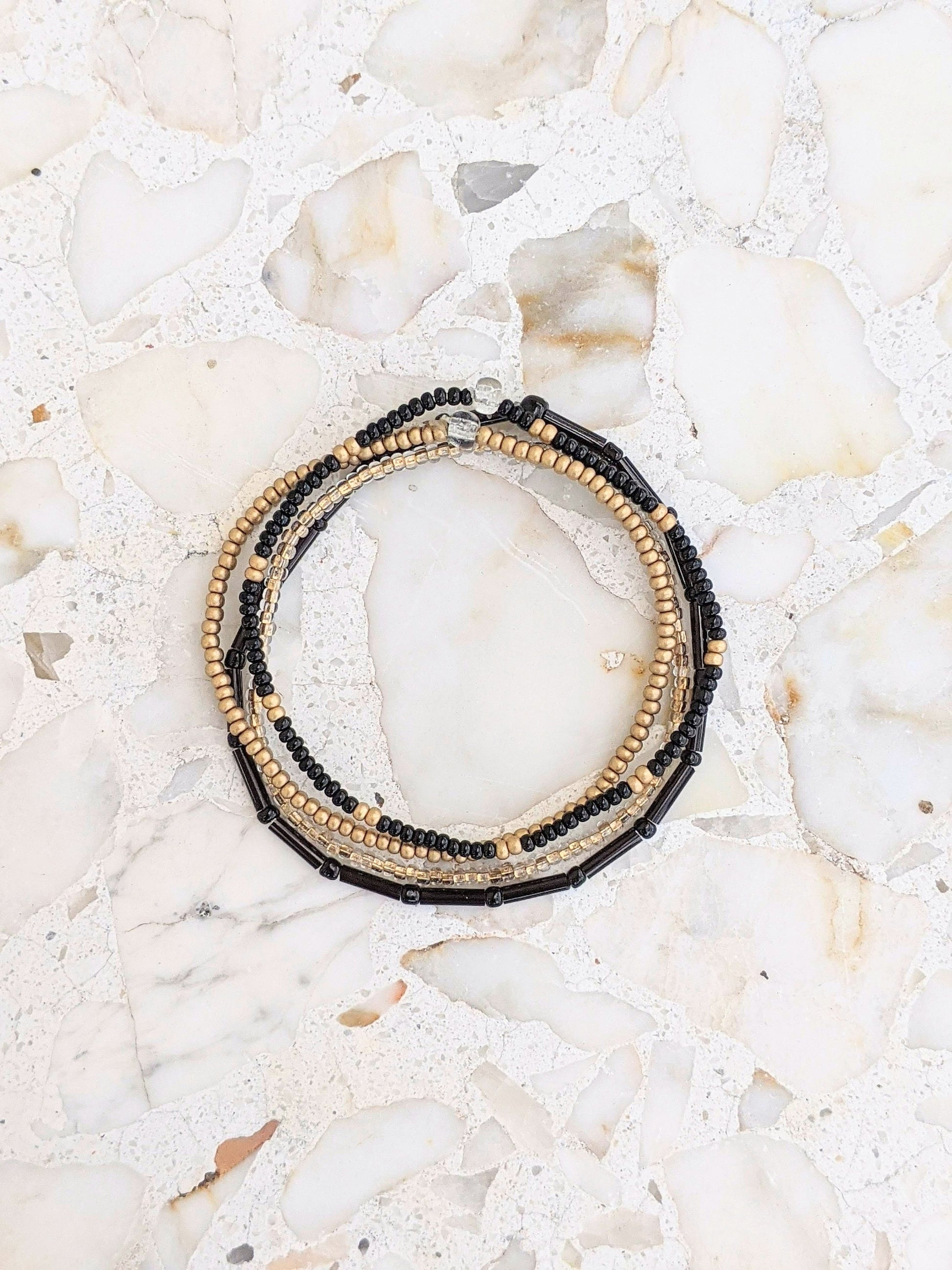 Bracelet Set, Seed Bead Bracelet, Black Bracelet, Gold Bracelet, Bracelet Stack, Minimalist Beaded Bracelet, Stretch Bracelet, Dainty