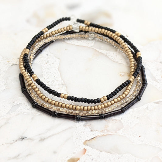 Bracelet Set, Seed Bead Bracelet, Black Bracelet, Gold Bracelet, Bracelet Stack, Minimalist Beaded Bracelet, Stretch Bracelet, Dainty