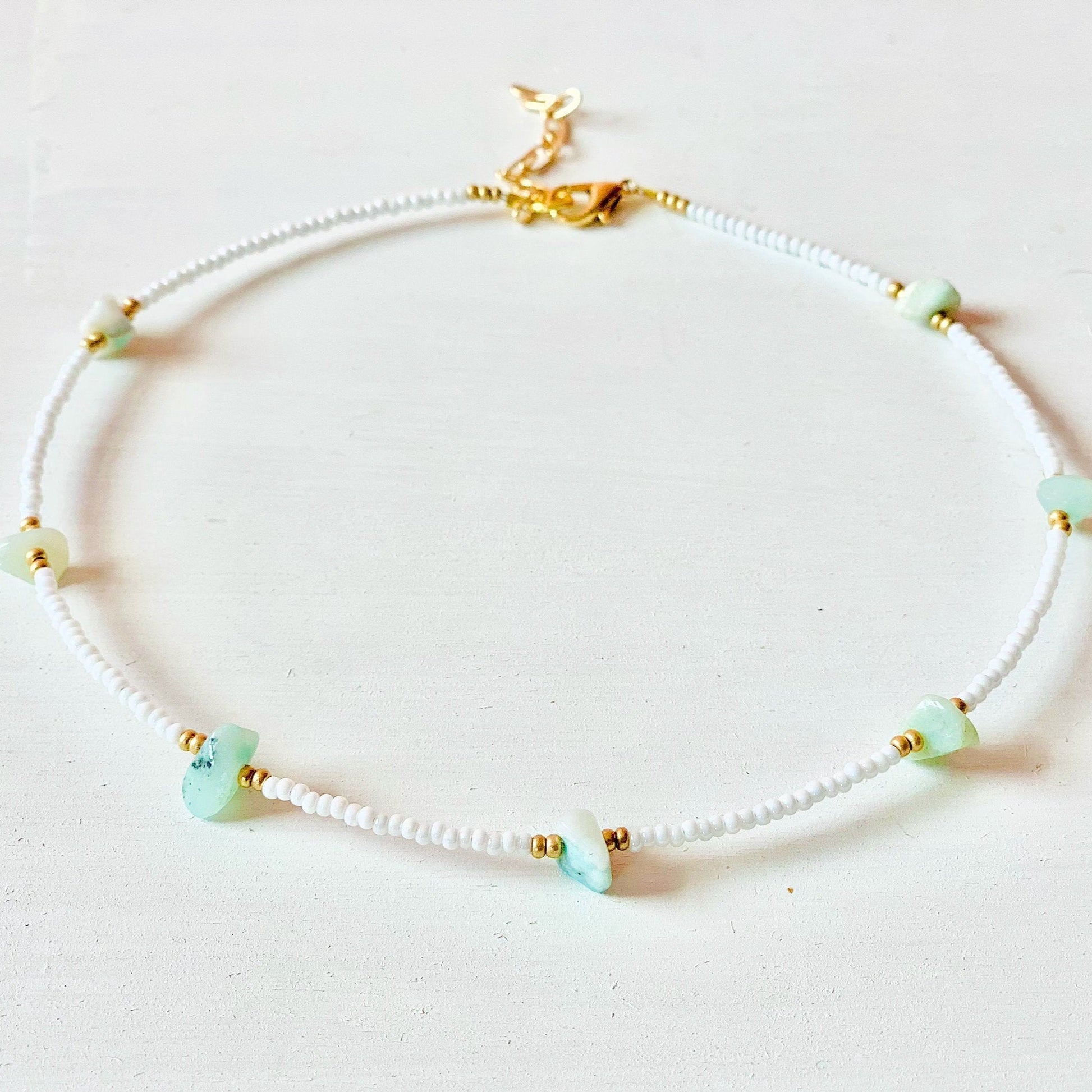 Aqua ⋆ Seed Bead Choker, Gemstone Choker, Seed Bead Necklace, Beach Necklace, Amazonite Necklace, Dainty Necklace, Small Beaded Choker