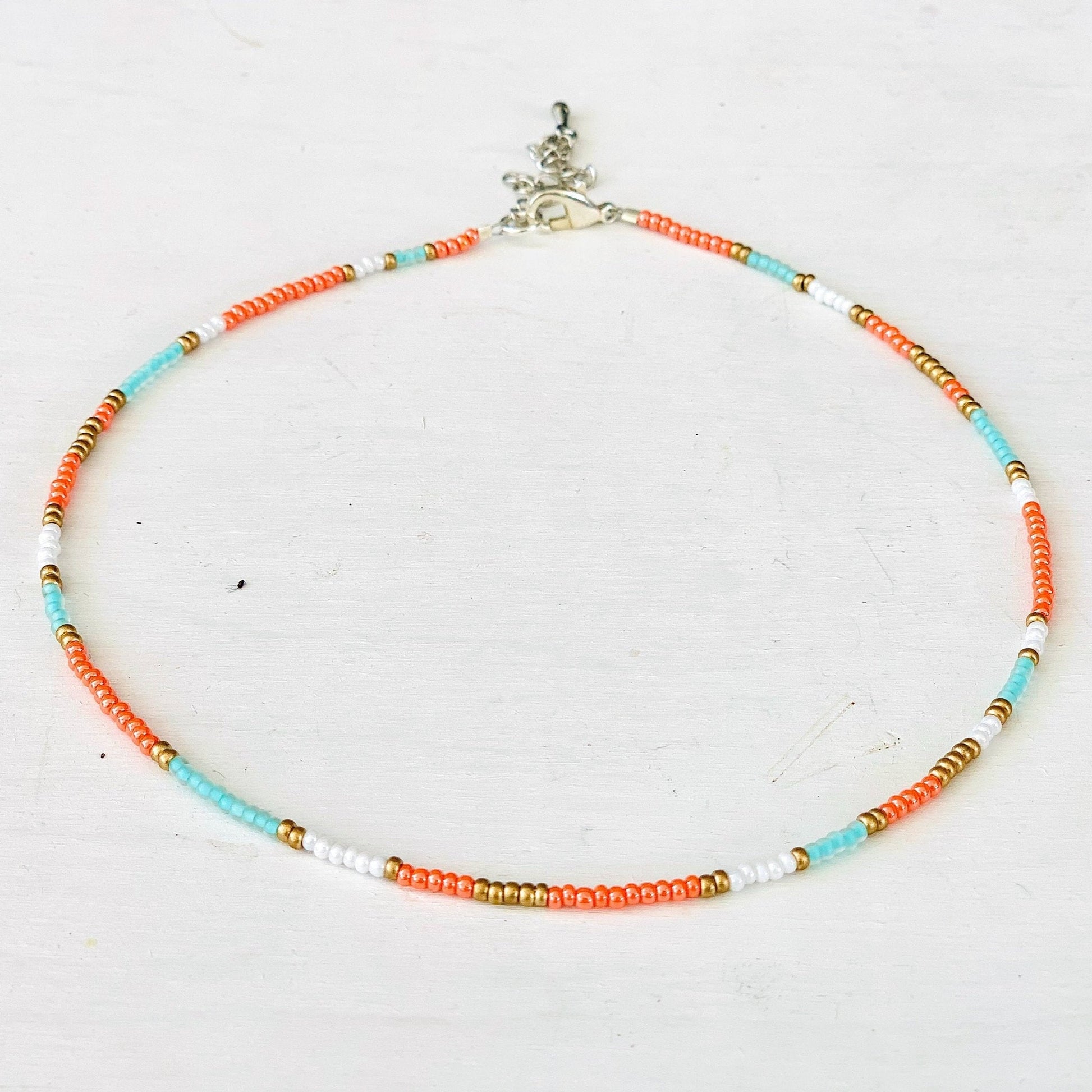 Colorful Beaded Choker, Beach Necklace, Seed Bead Choker, Dainty Beaded Necklace, Seed Bead Necklace, Choker Necklace, Coral Orange Choker