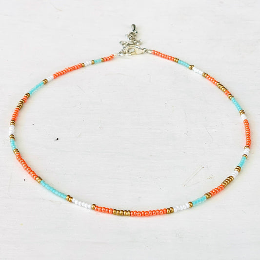 Colorful Beaded Choker, Beach Necklace, Seed Bead Choker, Dainty Beaded Necklace, Seed Bead Necklace, Choker Necklace, Coral Orange Choker