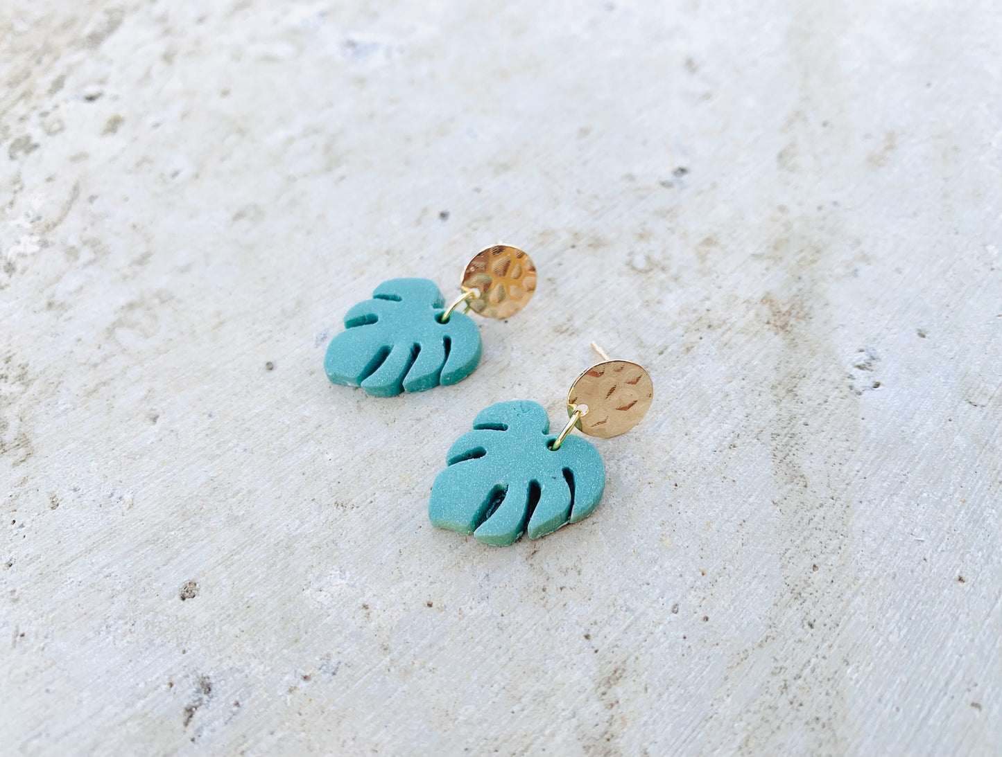 Tropical Earrings, Polymer Clay Earrings, Gold Earrings, Leaf Earrings, Monstera Earrings, Handmade, Boho Earrings, Lightweight Earrings