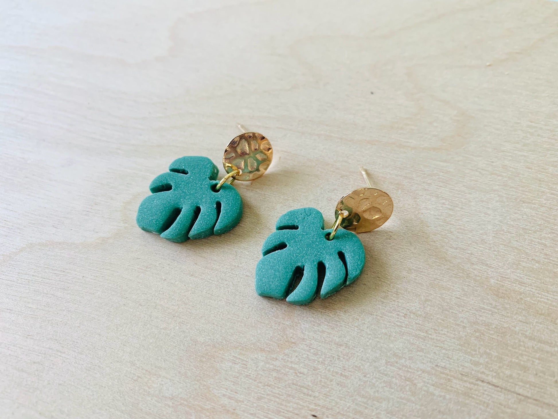 Tropical Earrings, Polymer Clay Earrings, Gold Earrings, Leaf Earrings, Monstera Earrings, Handmade, Boho Earrings, Lightweight Earrings