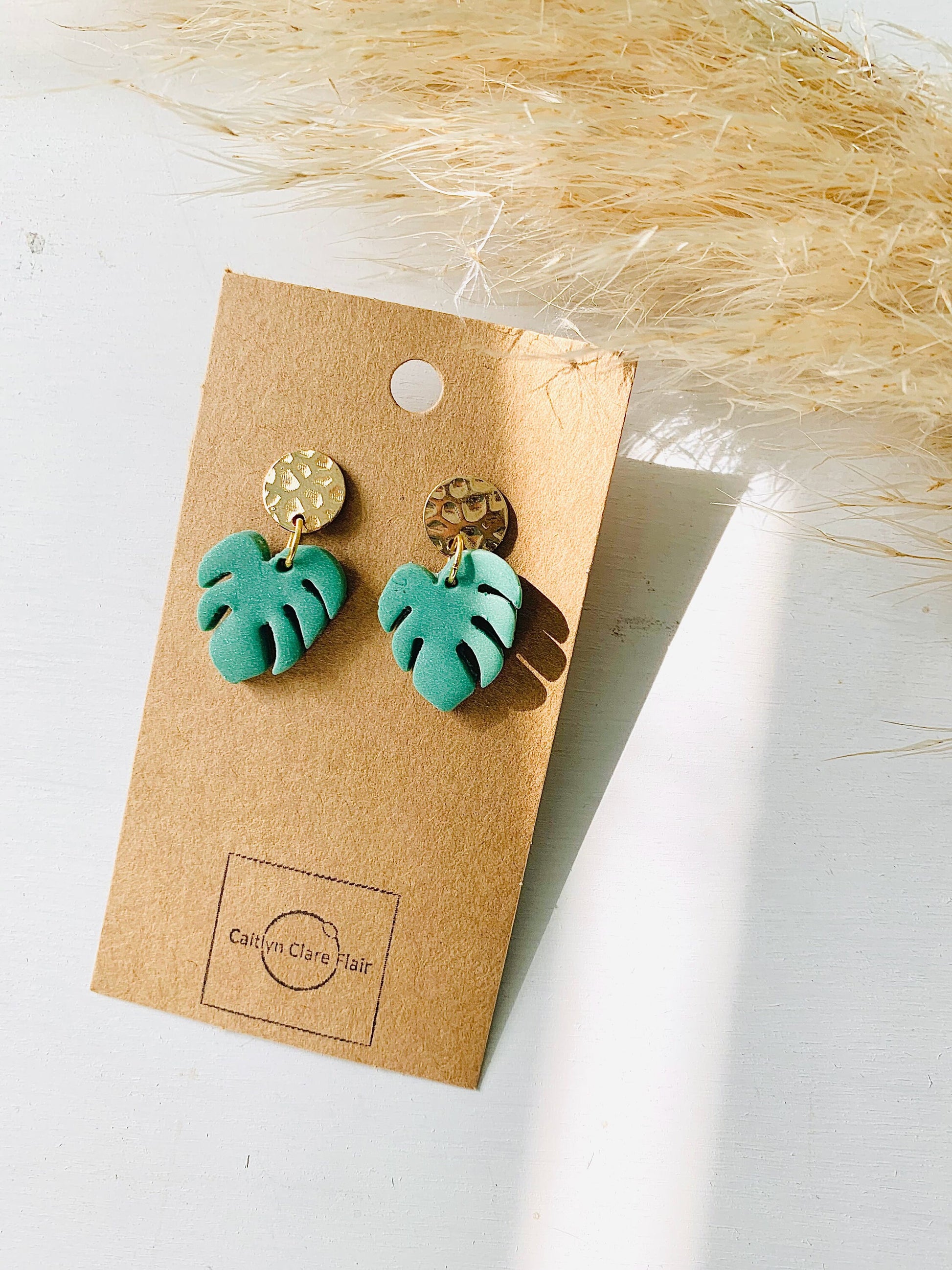 Tropical Earrings, Polymer Clay Earrings, Gold Earrings, Leaf Earrings, Monstera Earrings, Handmade, Boho Earrings, Lightweight Earrings