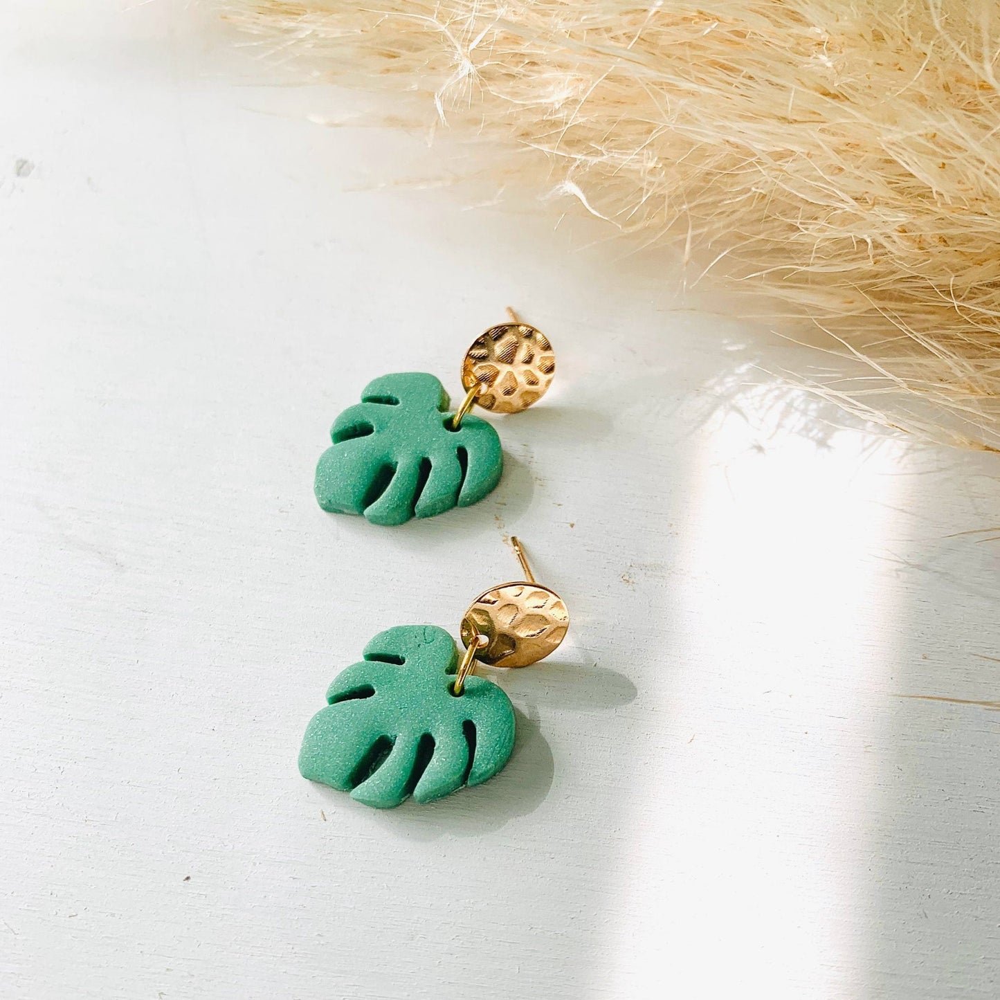 Tropical Earrings, Polymer Clay Earrings, Gold Earrings, Leaf Earrings, Monstera Earrings, Handmade, Boho Earrings, Lightweight Earrings