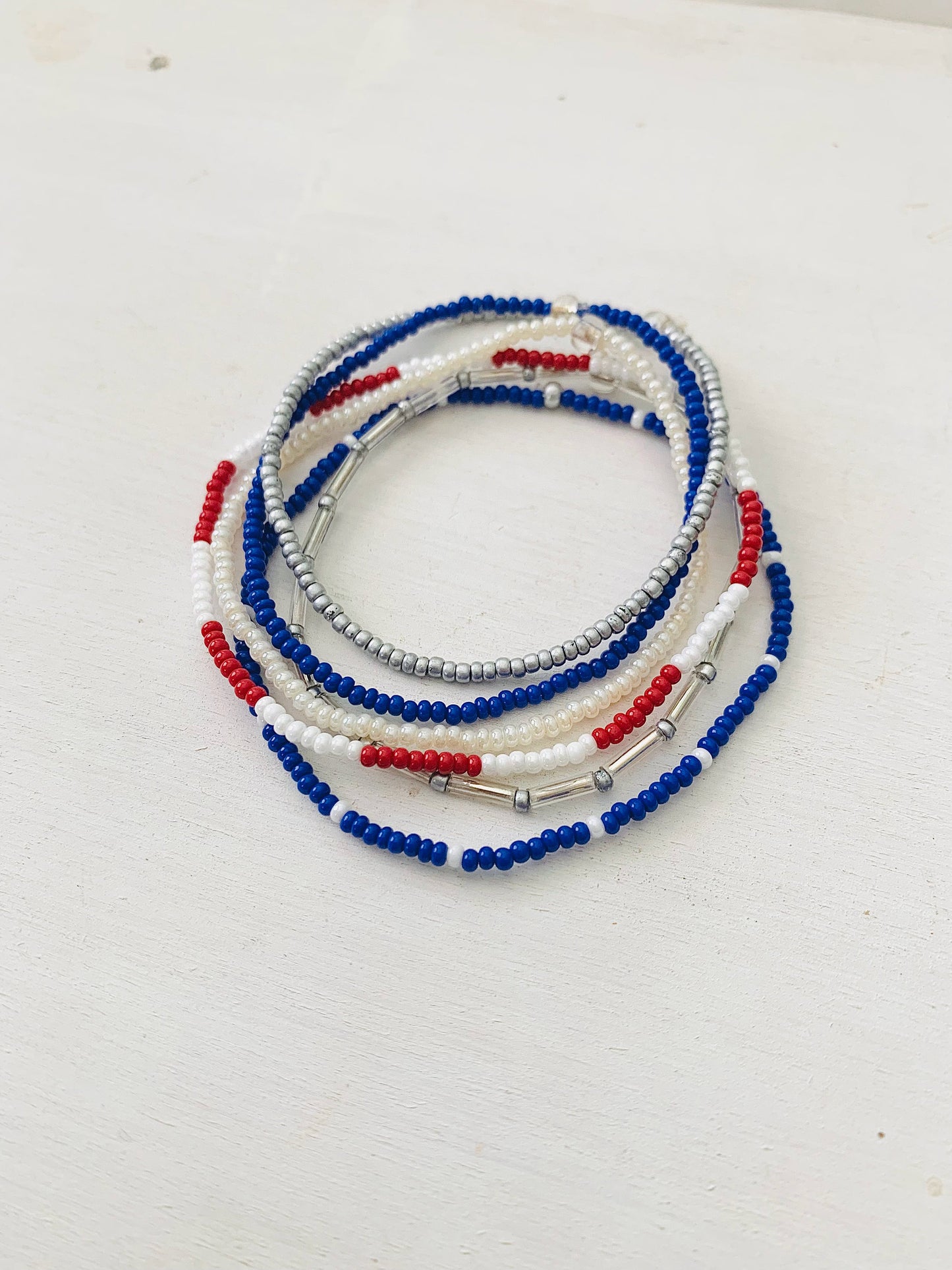 Patriotic Stretch Bracelet Set, Seed Bead Bracelet, Small Beaded Bracelets, American Bracelet, Red White & Blue, Minimalist, Handmade