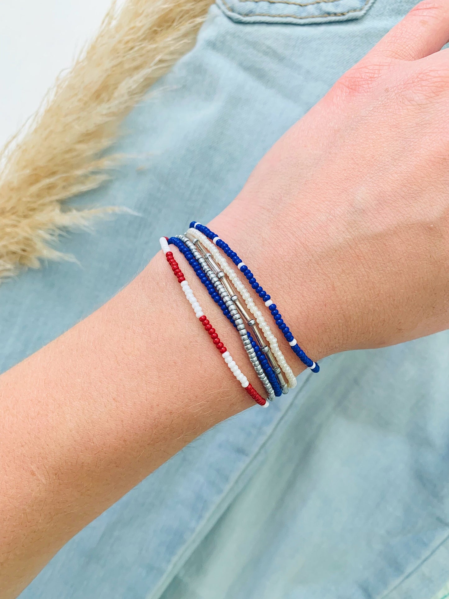 Patriotic Stretch Bracelet Set, Seed Bead Bracelet, Small Beaded Bracelets, American Bracelet, Red White & Blue, Minimalist, Handmade