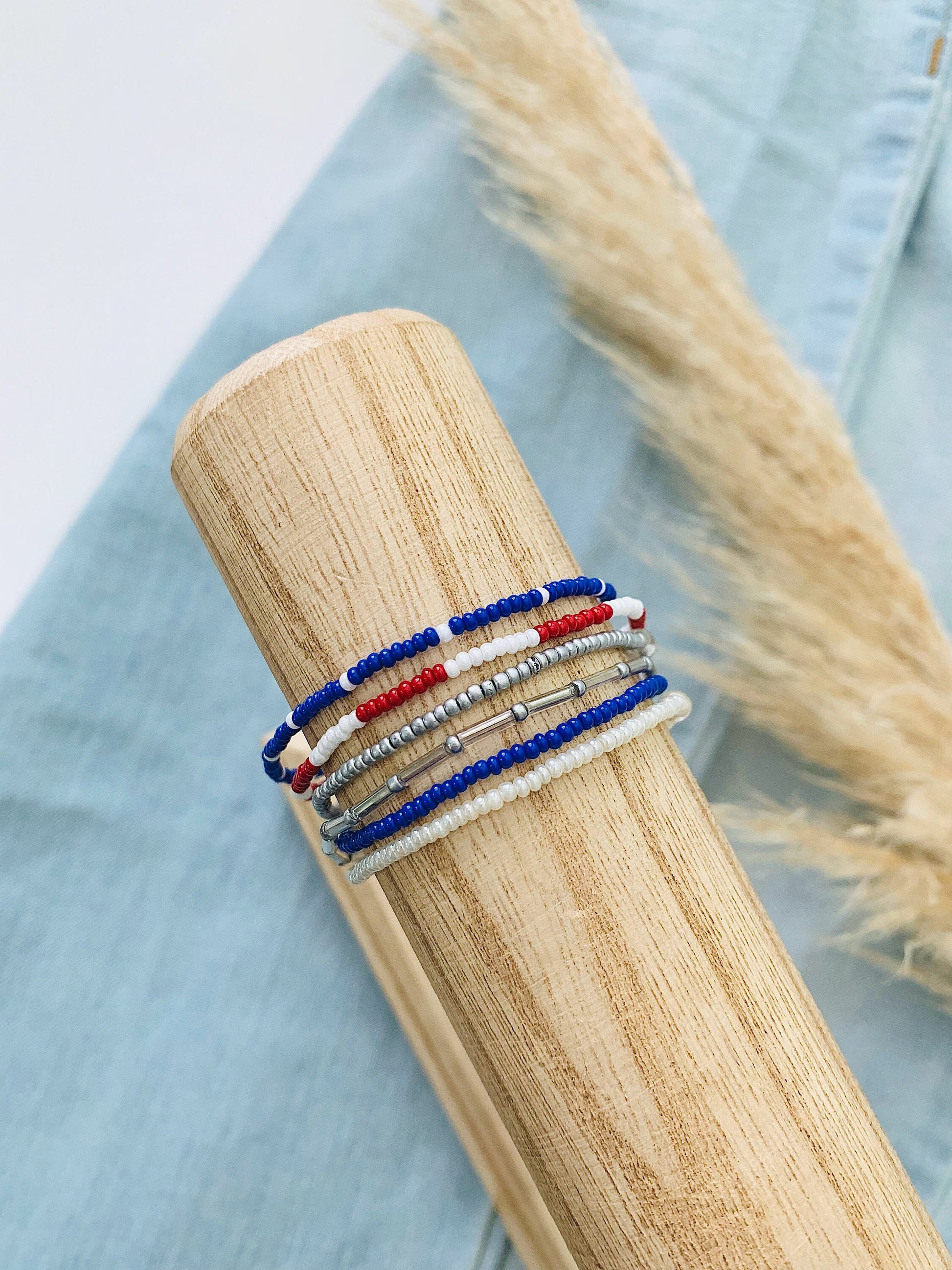 Patriotic Stretch Bracelet Set, Seed Bead Bracelet, Small Beaded Bracelets, American Bracelet, Red White & Blue, Minimalist, Handmade