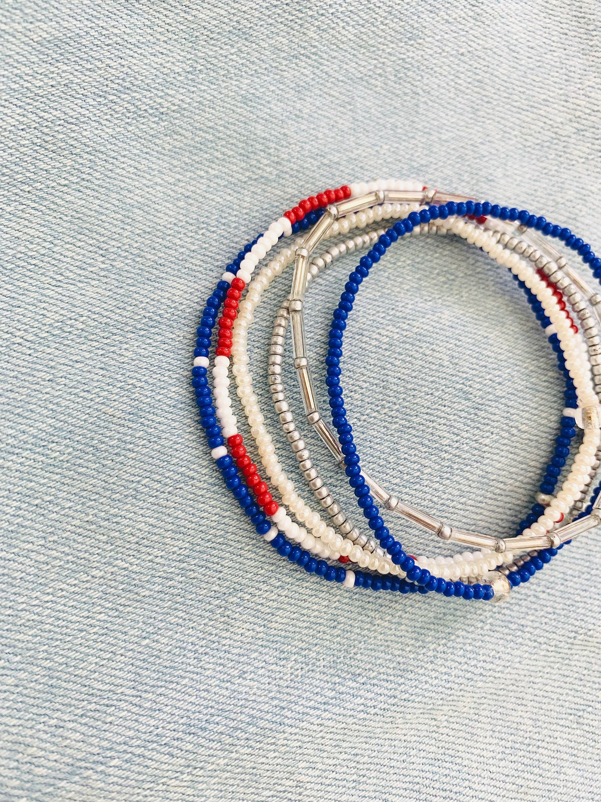 Patriotic Stretch Bracelet Set, Seed Bead Bracelet, Small Beaded Bracelets, American Bracelet, Red White & Blue, Minimalist, Handmade