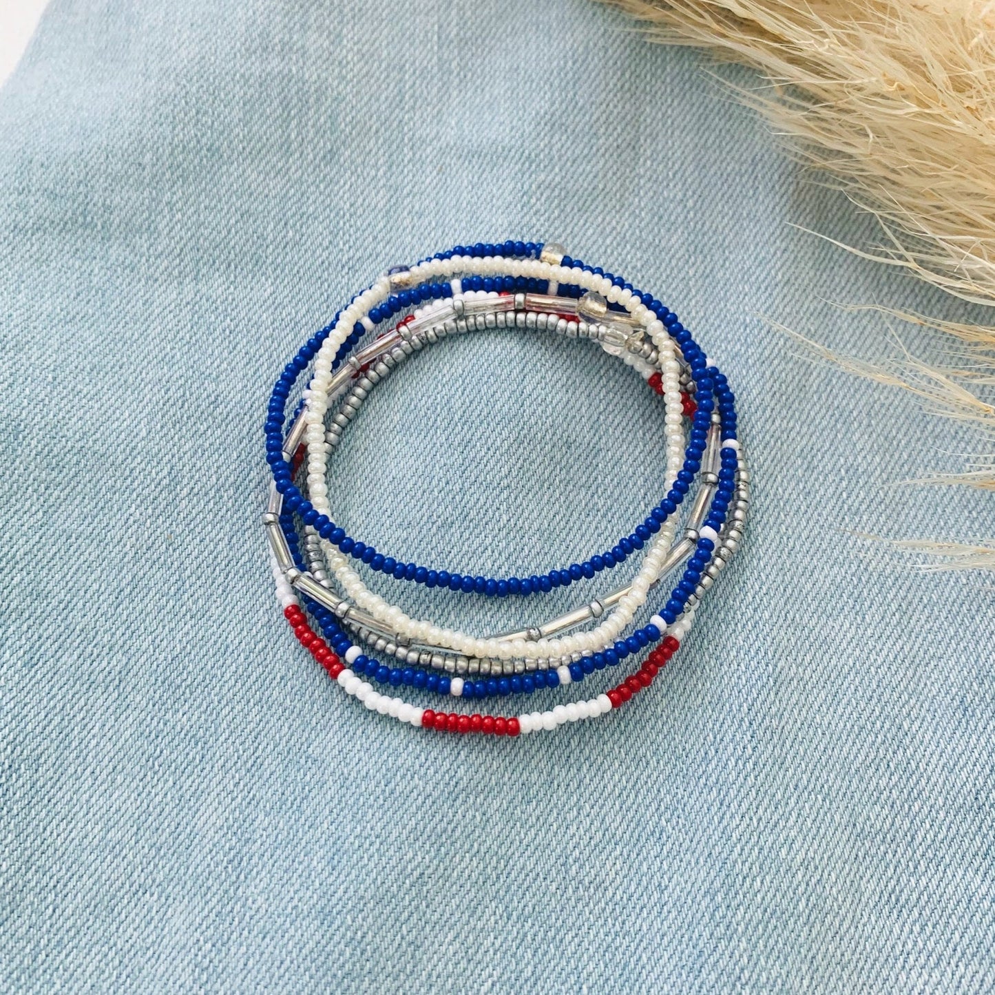 Patriotic Stretch Bracelet Set, Seed Bead Bracelet, Small Beaded Bracelets, American Bracelet, Red White & Blue, Minimalist, Handmade