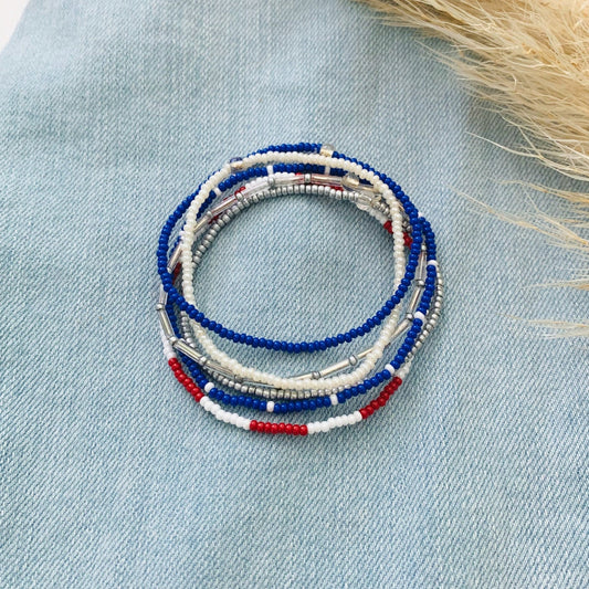 Patriotic Stretch Bracelet Set, Seed Bead Bracelet, Small Beaded Bracelets, American Bracelet, Red White & Blue, Minimalist, Handmade