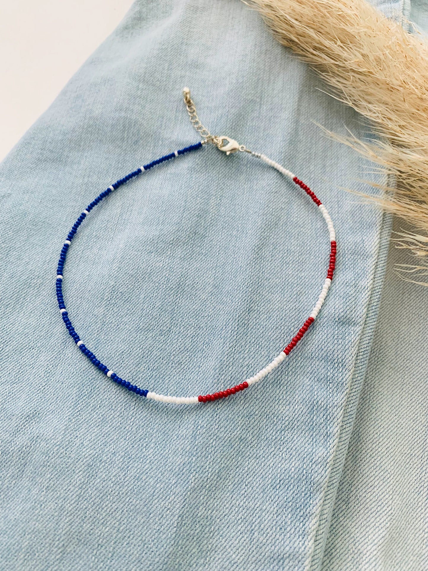 4th of July Necklace, American Flag, Beaded Necklace, Patriotic Jewelry, Seed Bead Necklace, Beaded Choker, Seed Bead Choker, 4th of July