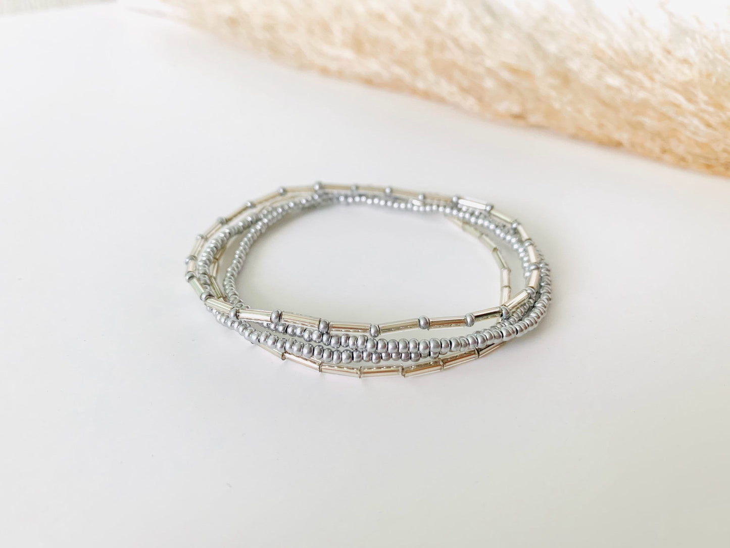 Silver Bracelet Stack, Seed Bead Bracelets, Stretch Bracelets for Women, Bracelet Stack, Handmade Bracelet