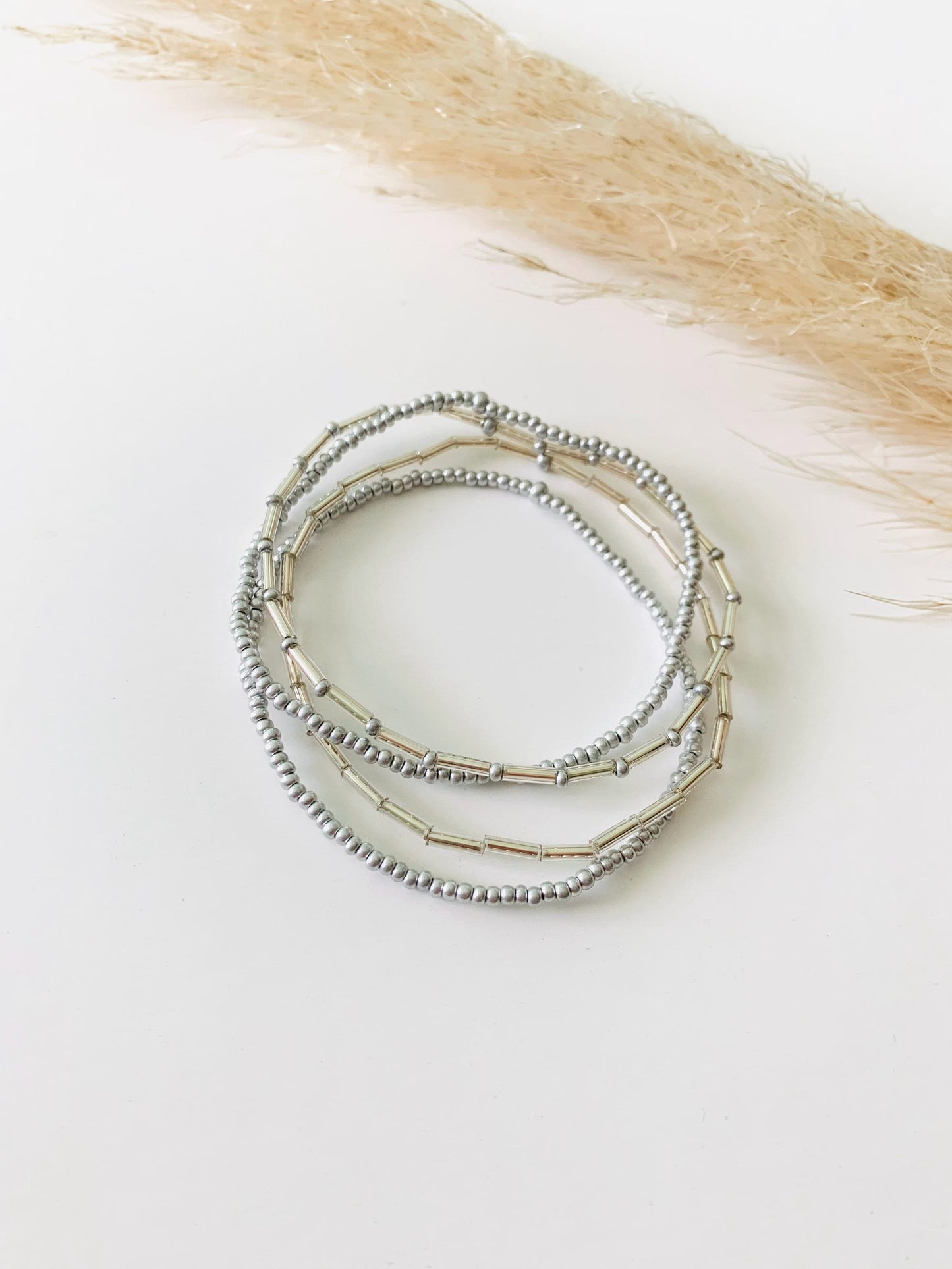 Silver Bracelet Stack, Seed Bead Bracelets, Stretch Bracelets for Women, Bracelet Stack, Handmade Bracelet