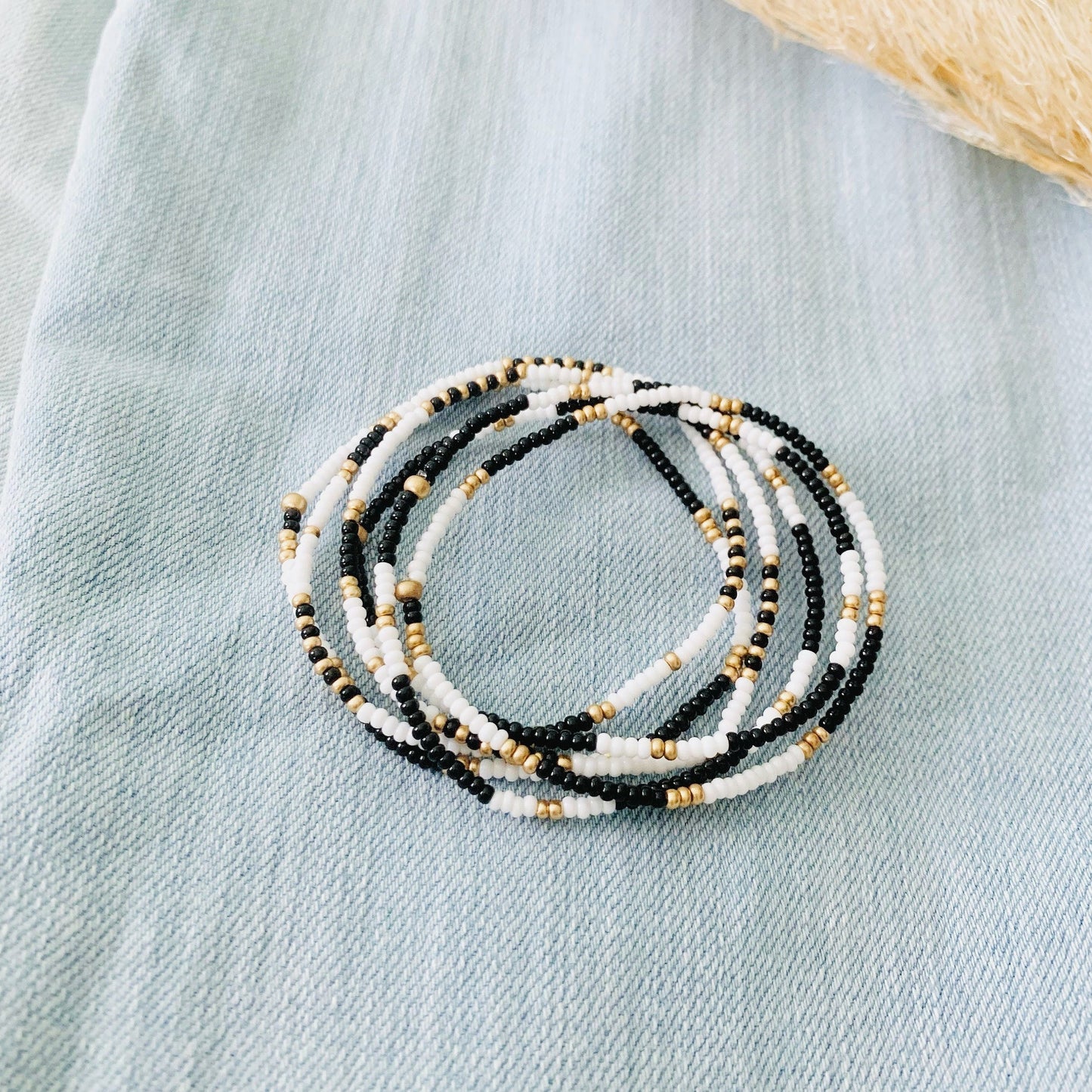 Black, White, Gold Minimalist Beaded Stretch Bracelets