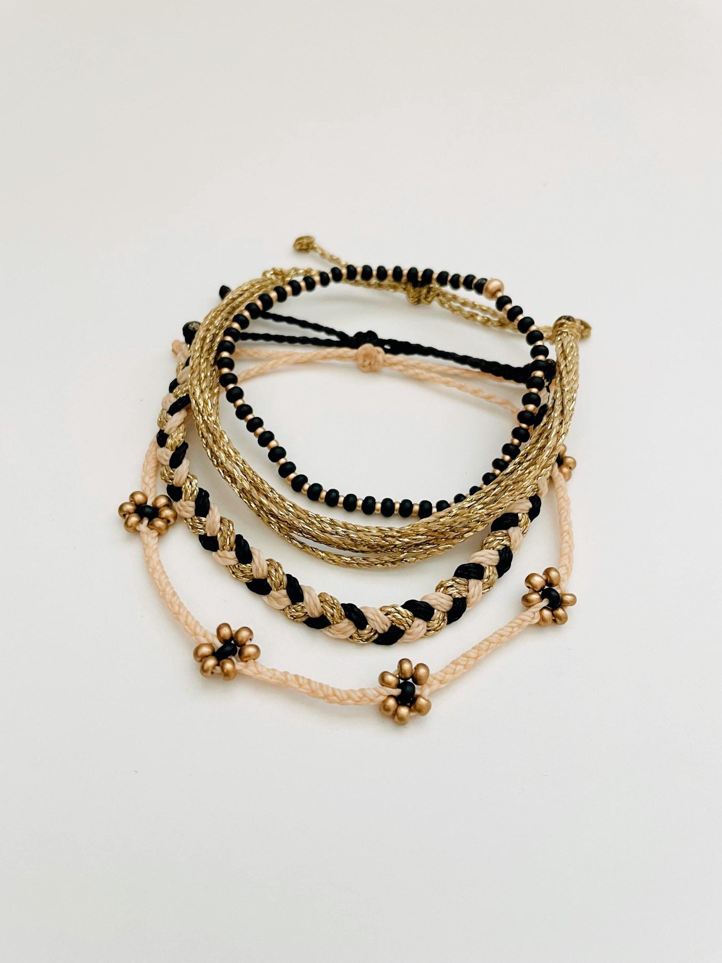 Black and Gold Bracelet Stack of Braided Bracelets for Women Floral Bracelet Adjustable Set of Gold Bracelets Friendship Jewelry Boho Set