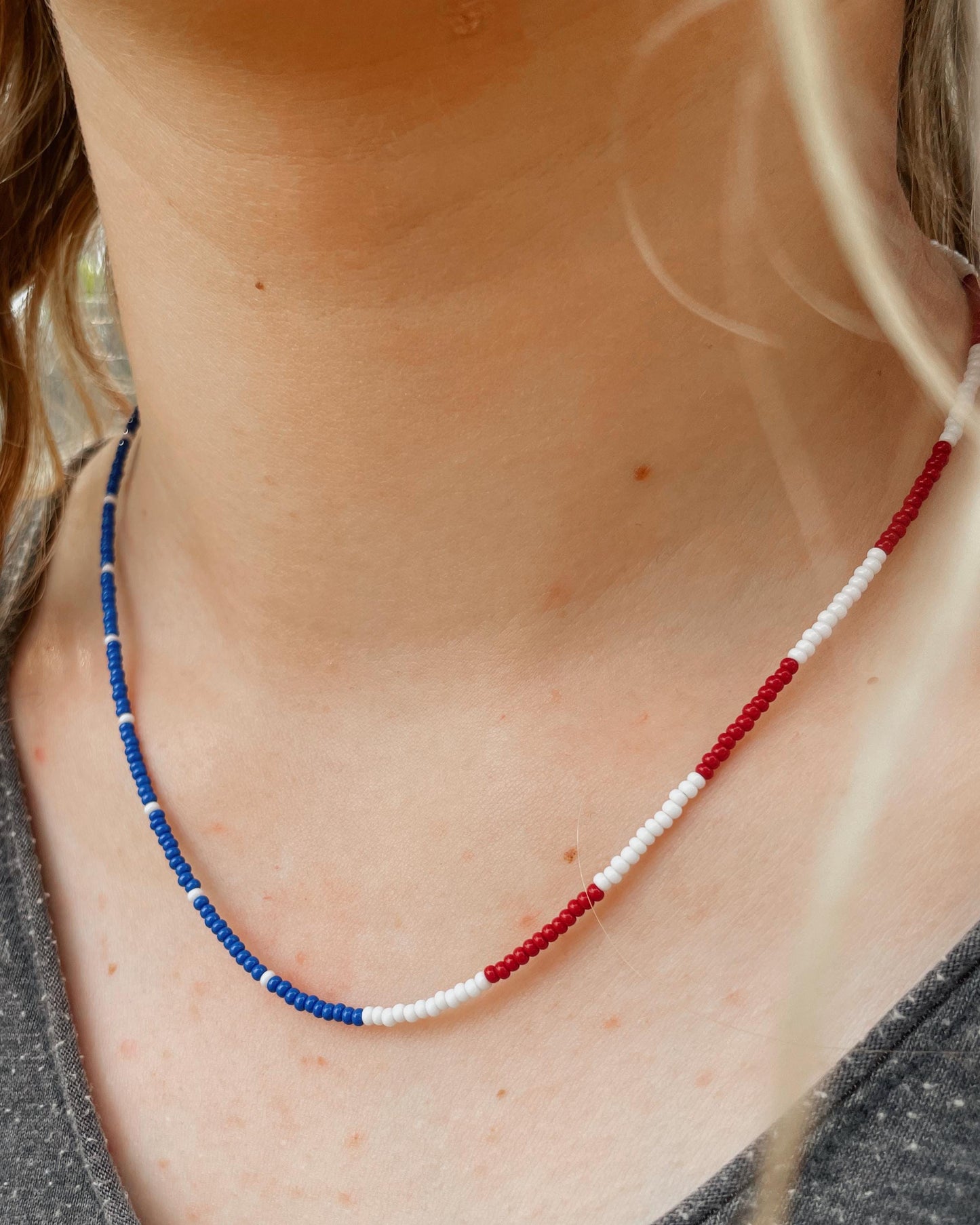 4th of July Seed Bead Necklace Patriotic American Flag Necklace Red White Blue Jewelry for Women Handmade USA Beaded Necklace Americana