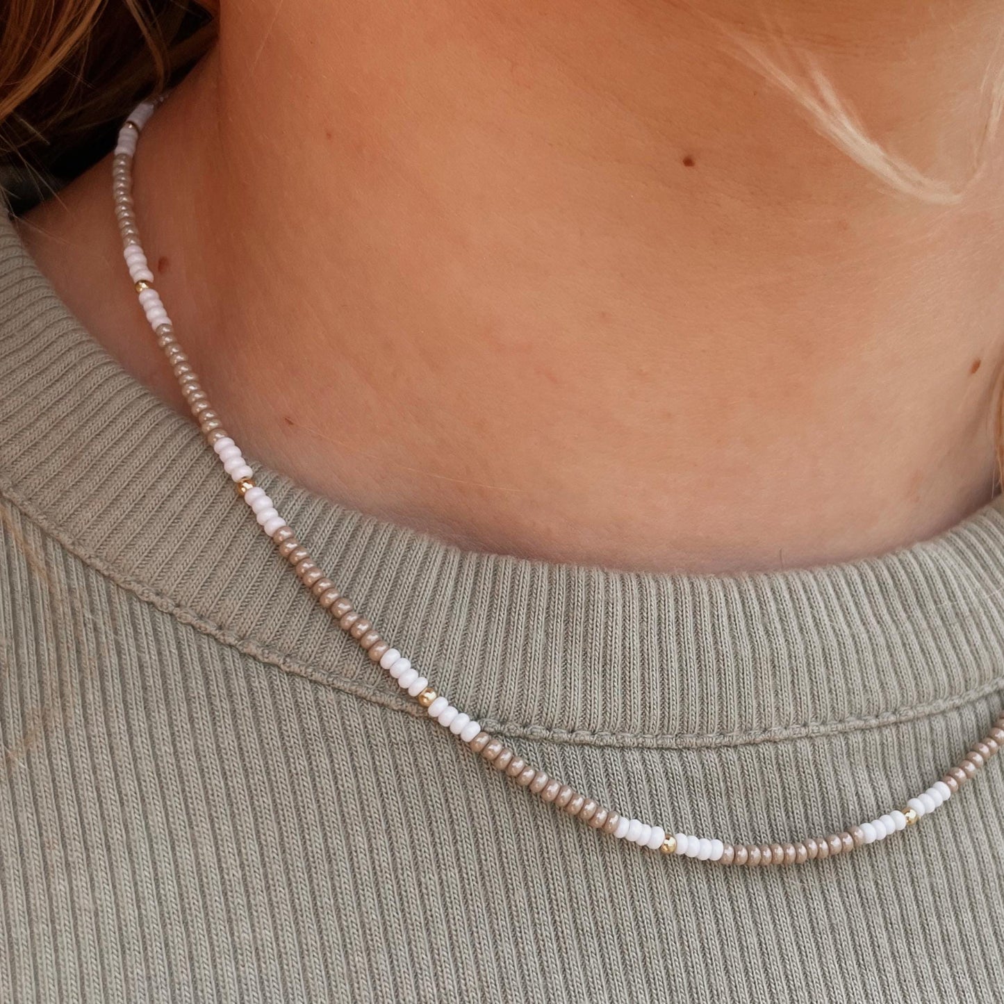 Beaded Surfer Necklace Seed Bead Summer Jewelry Beach Style Neutral Tone Layering Accessory Dainty Choker Handmade Design Boho Inspired Gold