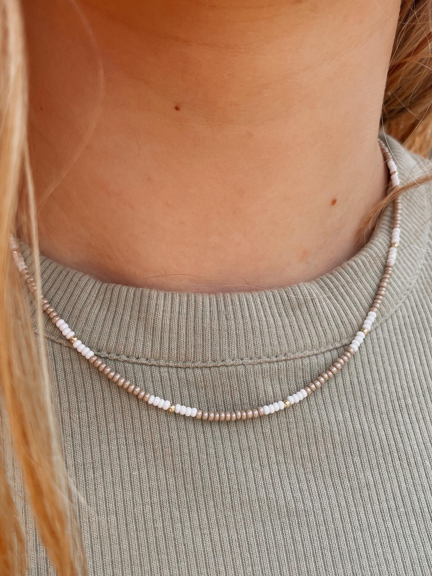 Beaded Surfer Necklace Seed Bead Summer Jewelry Beach Style Neutral Tone Layering Accessory Dainty Choker Handmade Design Boho Inspired Gold