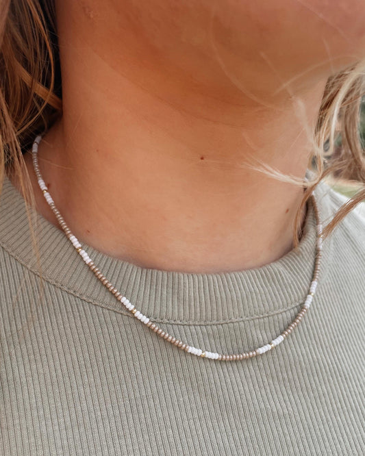 Beaded Surfer Necklace Seed Bead Summer Jewelry Beach Style Neutral Tone Layering Accessory Dainty Choker Handmade Design Boho Inspired Gold