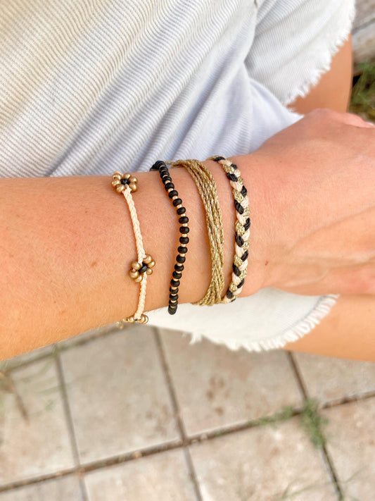 Black and Gold Bracelet Stack of Braided Bracelets for Women Floral Bracelet Adjustable Set of Gold Bracelets Friendship Jewelry Boho Set