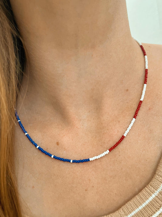 4th of July Seed Bead Necklace Patriotic American Flag Necklace Red White Blue Jewelry for Women Handmade USA Beaded Necklace Americana