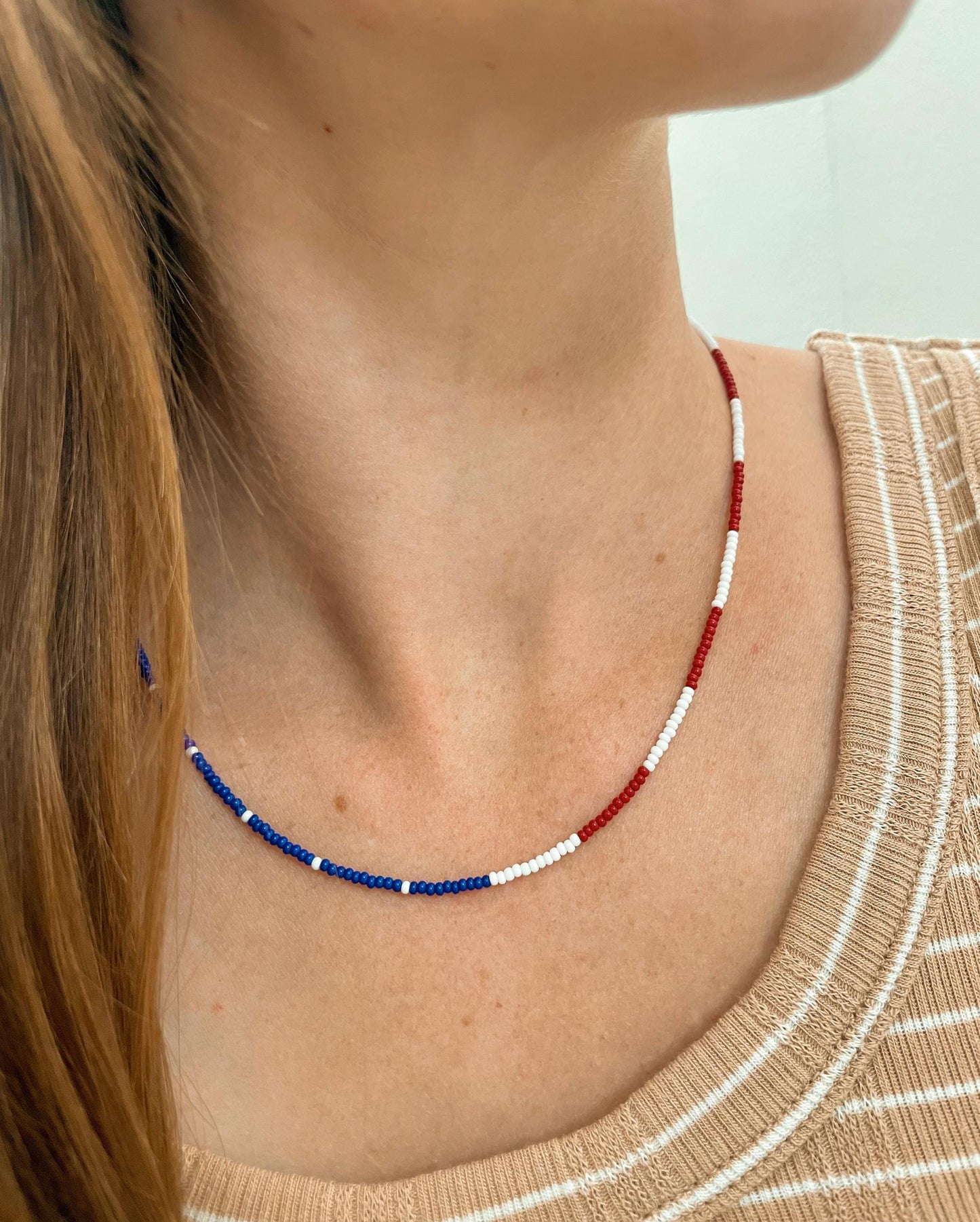 4th of July Seed Bead Necklace Patriotic American Flag Necklace Red White Blue Jewelry for Women Handmade USA Beaded Necklace Americana
