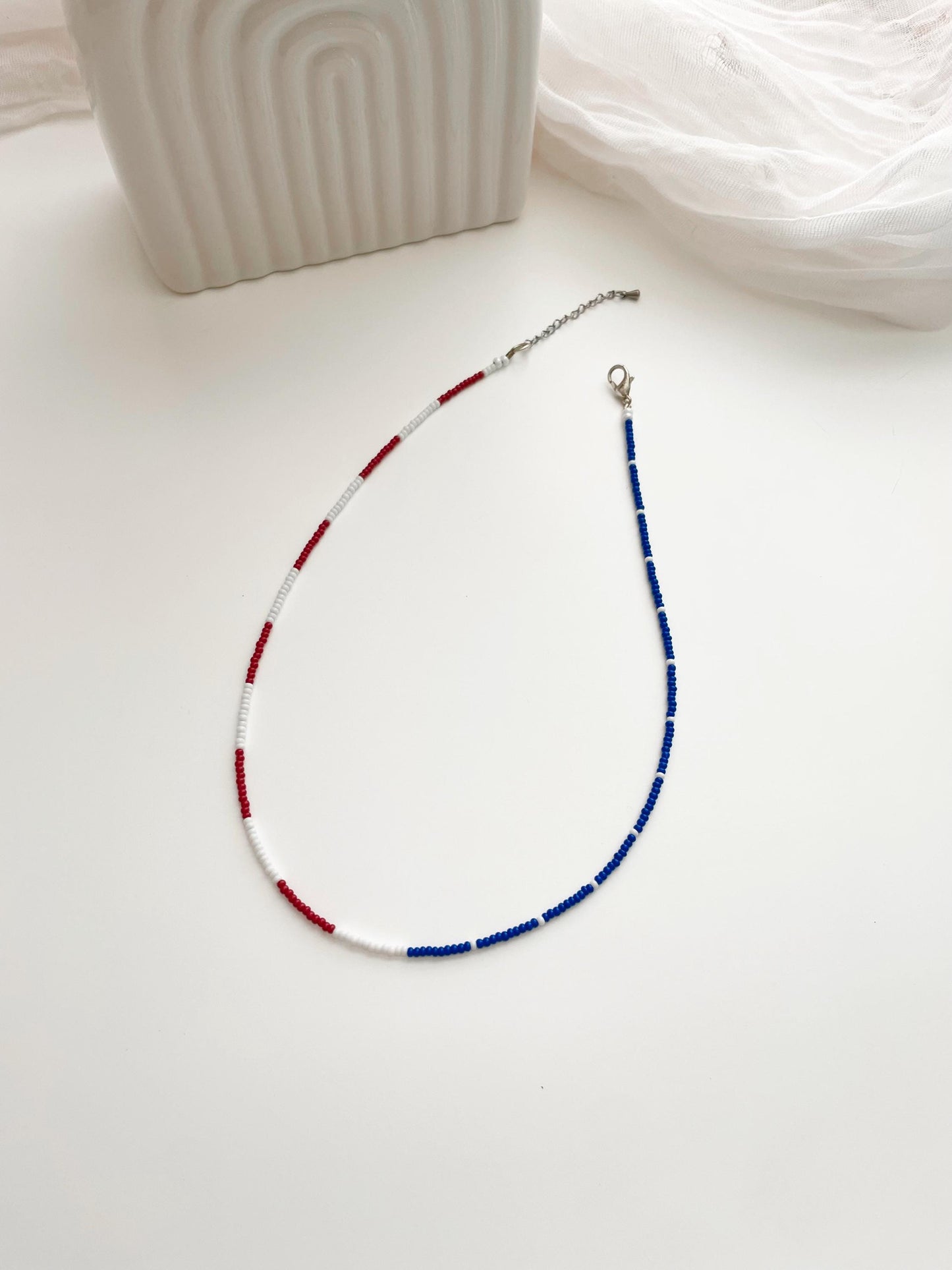 4th of July Seed Bead Necklace Patriotic American Flag Necklace Red White Blue Jewelry for Women Handmade USA Beaded Necklace Americana