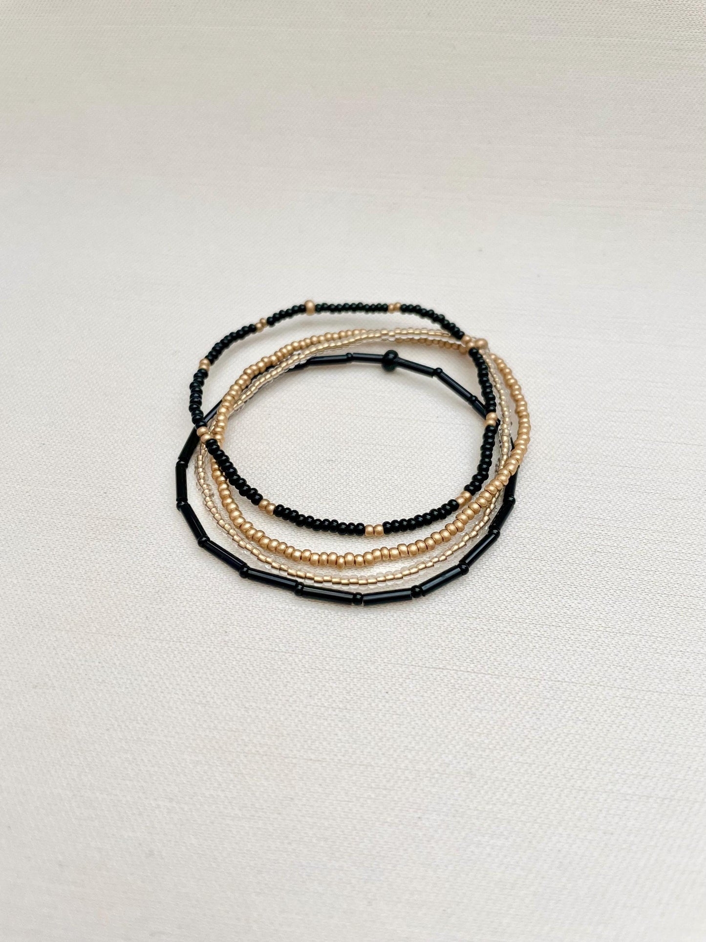 Black and Gold Bracelet Stack Stretchy Dainty Black Bead Bracelet Tiny Seed Bead Bracelet Gift for Sister Elegant Jewelry Modern Classic Set