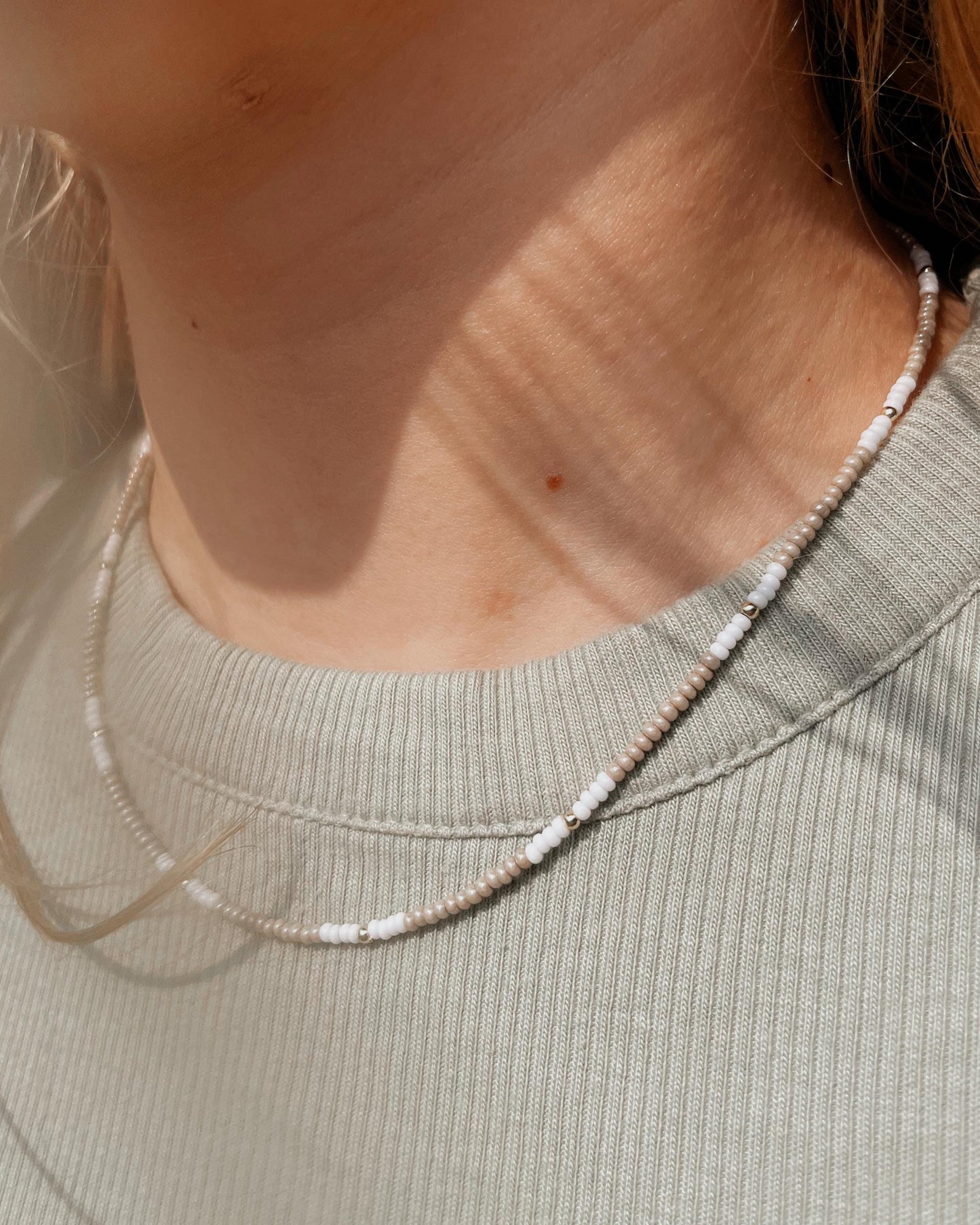 Beaded Surfer Necklace Seed Bead Summer Jewelry Beach Style Neutral Tone Layering Accessory Dainty Choker Handmade Design Boho Inspired Gold