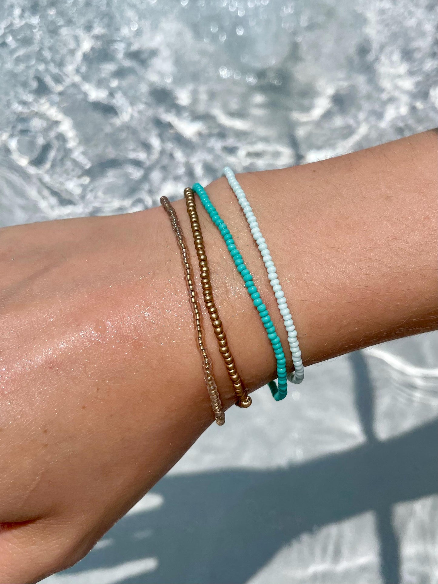 Blue Seed Bead Bracelet Stretch Bracelet Set Tiny Bead Bracelet Coastal Jewelry Gift Idea for Ocean Lover Gold and Aqua Bracelet Stack Beach