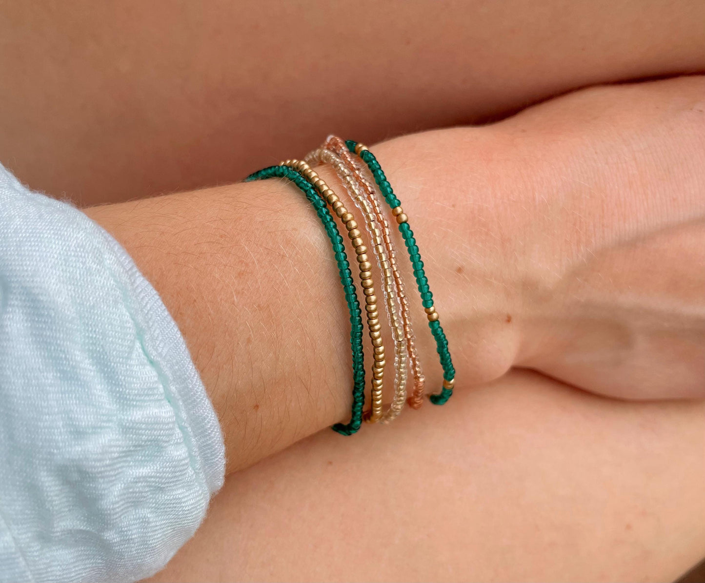 Seed Bead Bracelet Set Dainty Green and Gold Stretch Bracelet Stackable Women Custom Size Bracelet Petite Layering Bracelet Gift Elegant Set