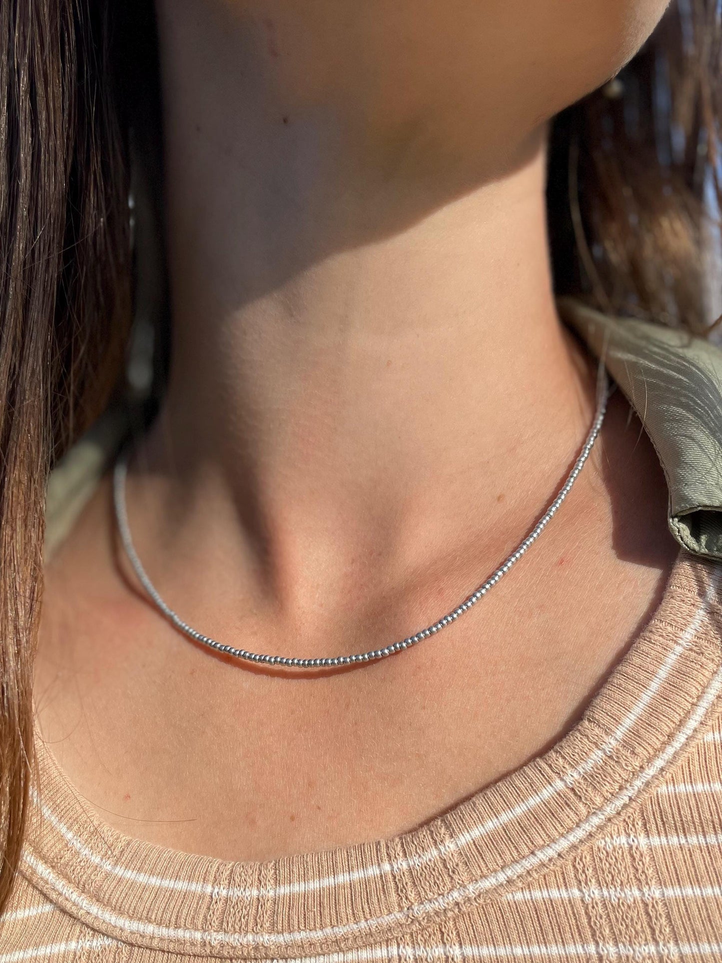 Dainty Silver Beaded Surfer Necklace Minimalist Jewelry for Women Simple Bead Necklace Casual Choker for Everyday Wear Beaded Necklace Boho