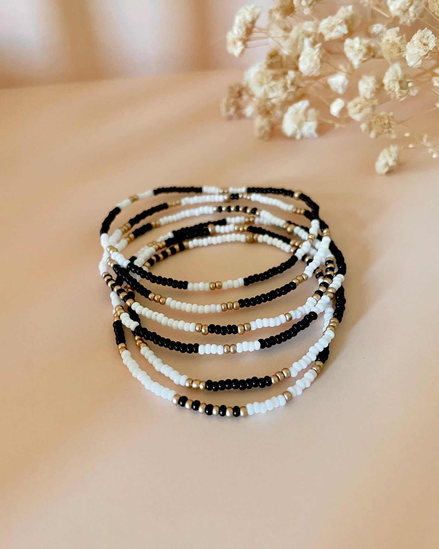 Tiny Beaded Stretch Bracelet Set Gold and Black College Graduation Gift Boho Jewelry Stacking Elastic Bracelet Grad Gift for Her Handmade
