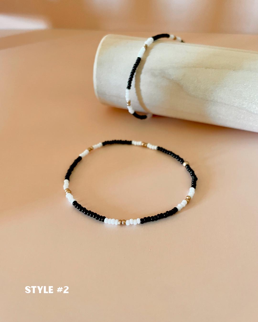 Tiny Beaded Stretch Bracelet Set Gold and Black College Graduation Gift Boho Jewelry Stacking Elastic Bracelet Grad Gift for Her Handmade