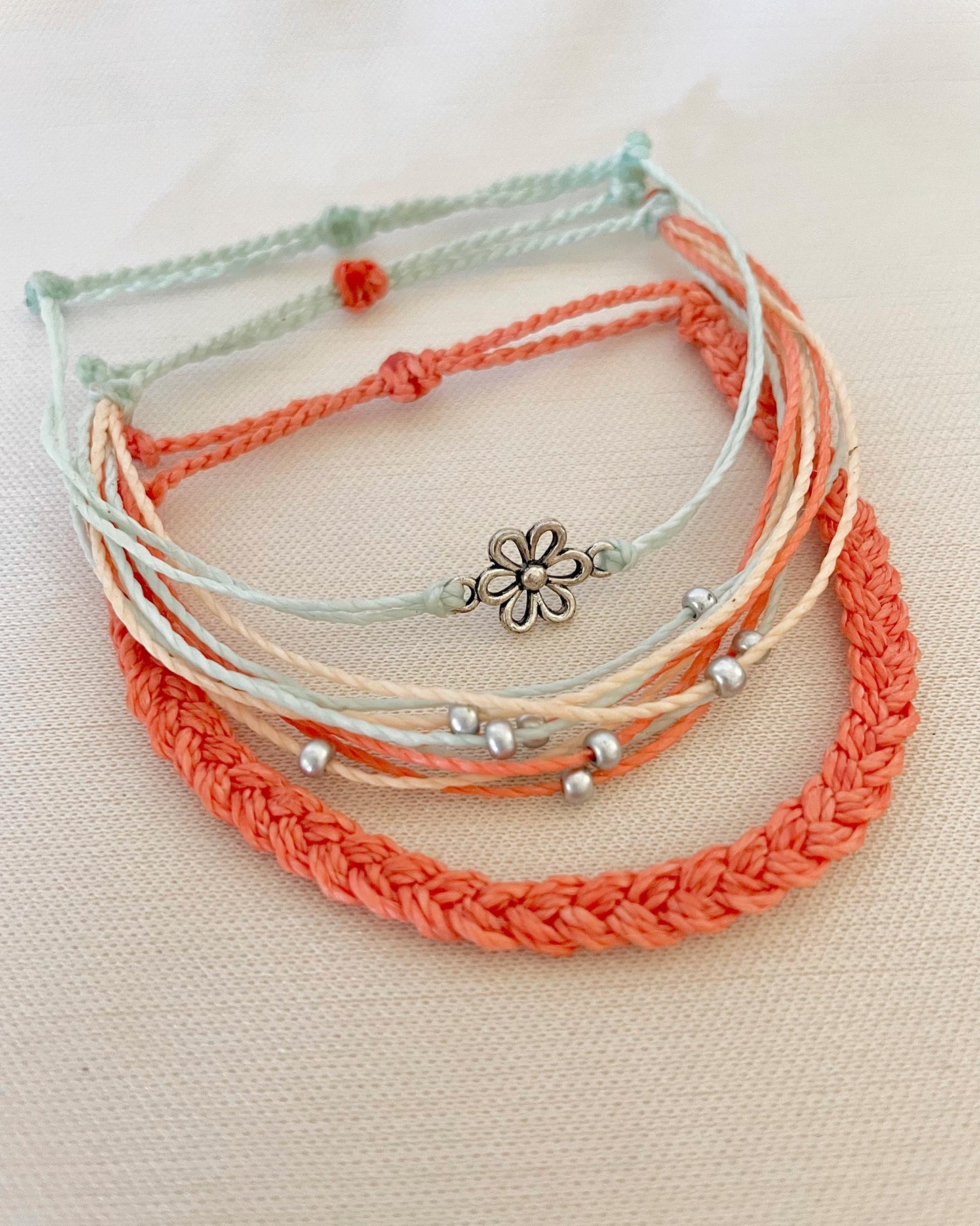 Beachy String Bracelet Set Flower Charm Bracelet Stack Beachside Jewelry for Girls Gift Idea for Teen Grandaughter Handmade Coastal Bracelet