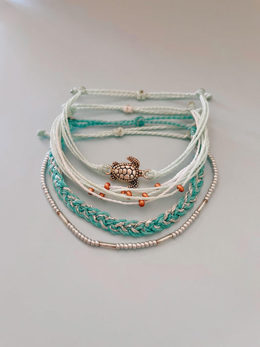 Beach Bracelet Set Adjustable String Turtle Charm Ocean Theme Braided Beaded Summer Bracelet Turquoise Coastal Style Design Vacation Jewelry