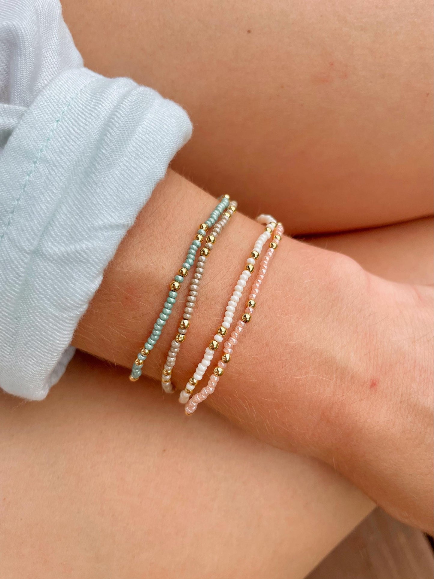 Gold Filled Beaded Bracelet for Women Stretch Bracelet Set Tiny Bead Bracelet Handmade Seed Bead Bracelet Stack Stretchy Pastel Beaded