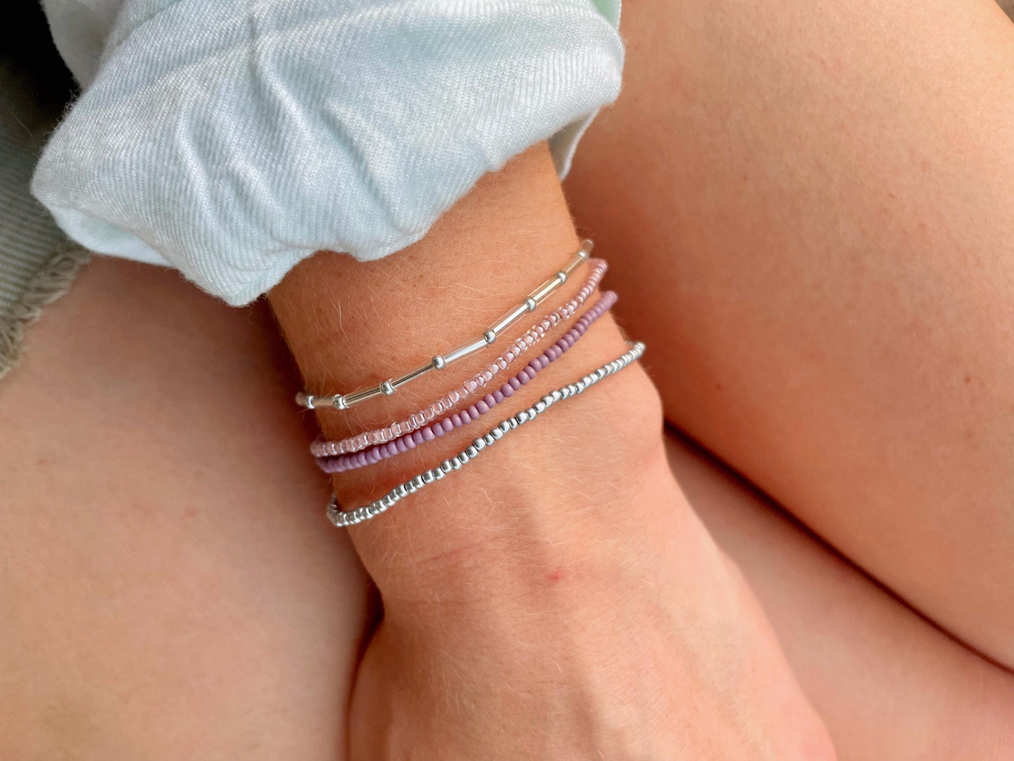 Purple Beaded Stretch Bracelet Set Purple Bracelet Elastic Dainty Jewelry for Work Accessories Tiny Seed Bead Stacking Bracelet Silver Stack