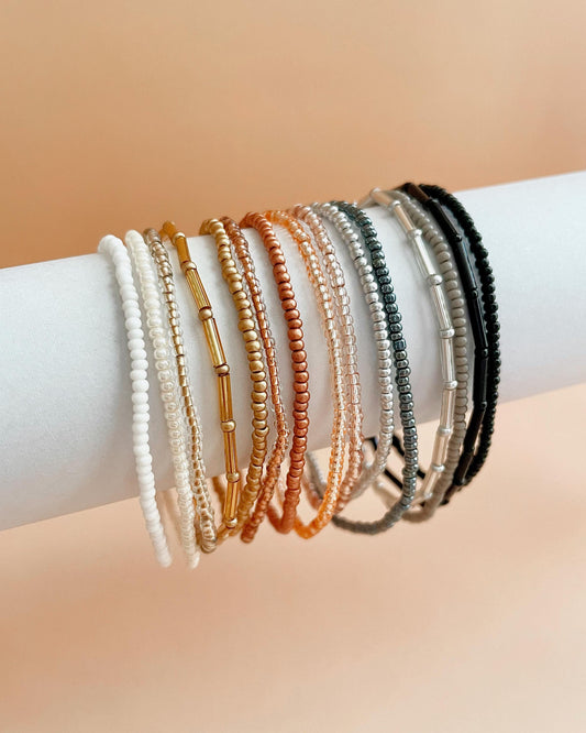 Beaded Stretch Bracelet Minimalist Elastic Seed Bead Stacking Bracelet Custom Size Jewelry Simple Gold Womens Boho Style Accessory Dainty