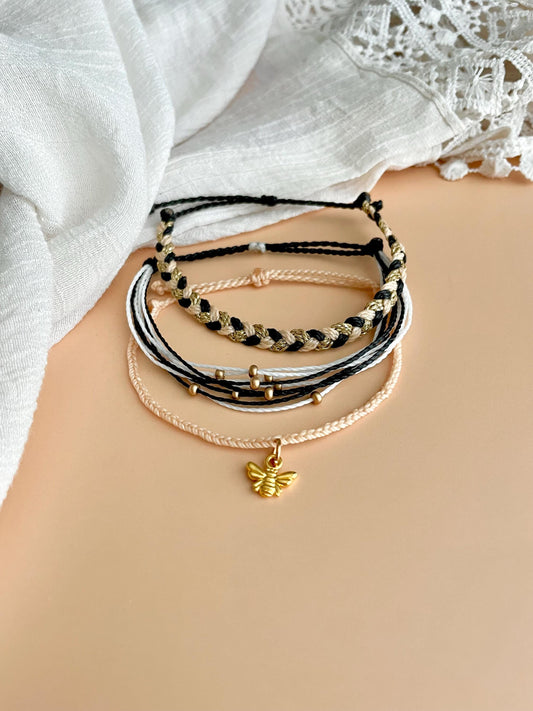 Bee Keeper Gift Idea Black and Gold Bracelet Adjustable Braided Bracelet Set Bee Lover Gift Bee Charm Bracelet for Friend Nature Lover Gift