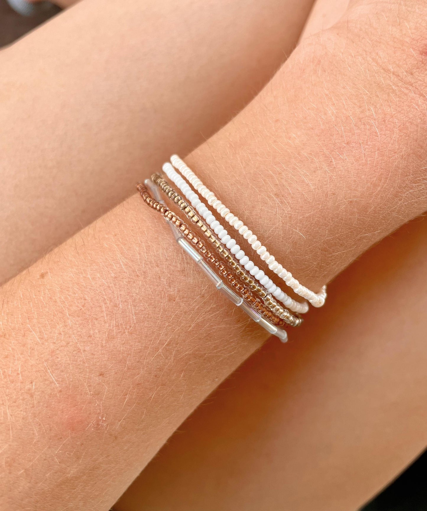 Neutral Dainty Beaded Bracelet Stack Minimalist Style Beaded Stretch Bracelet Set Everyday Wear Stacking Jewelry