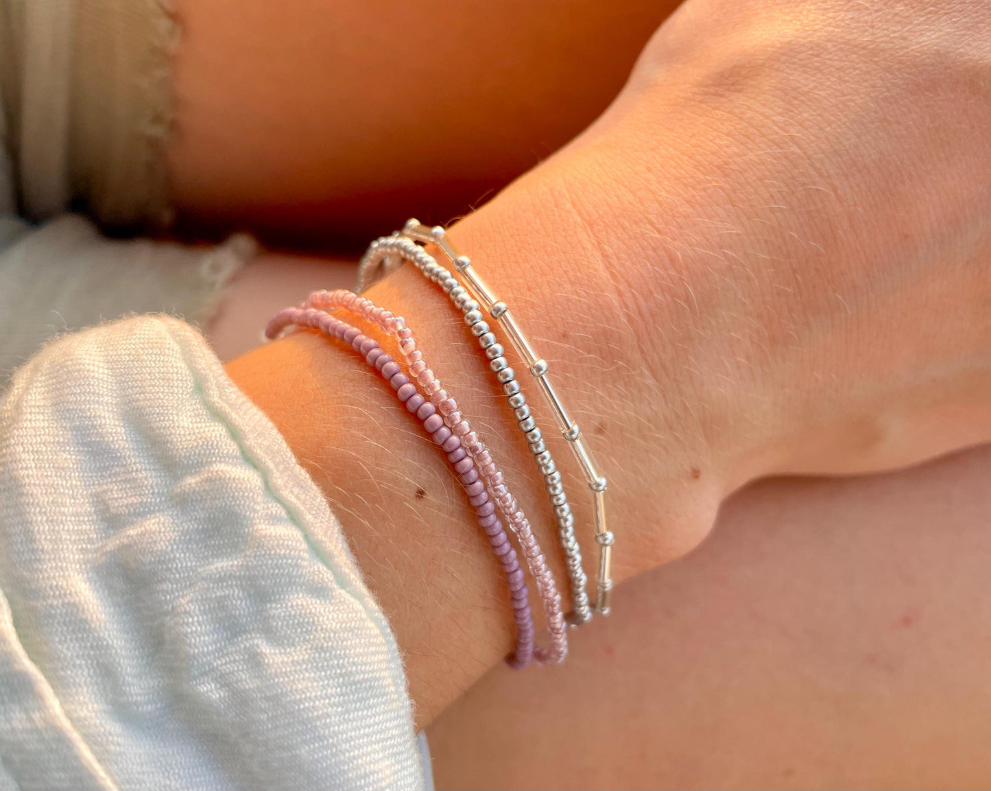 Purple Beaded Stretch Bracelet Set Purple Bracelet Elastic Dainty Jewelry for Work Accessories Tiny Seed Bead Stacking Bracelet Silver Stack