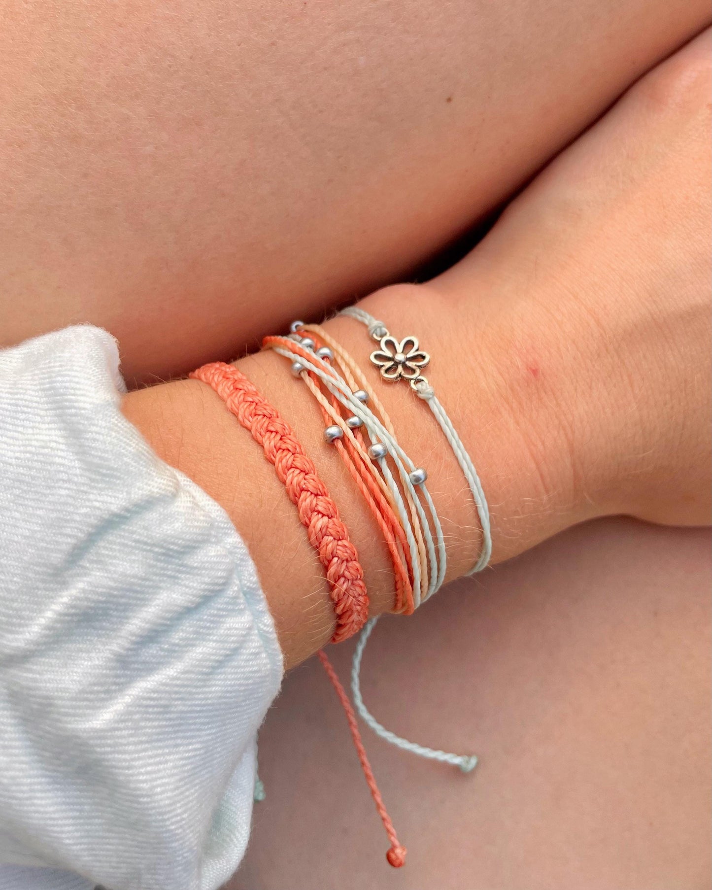 Beachy String Bracelet Set Flower Charm Bracelet Stack Beachside Jewelry for Girls Gift Idea for Teen Grandaughter Handmade Coastal Bracelet